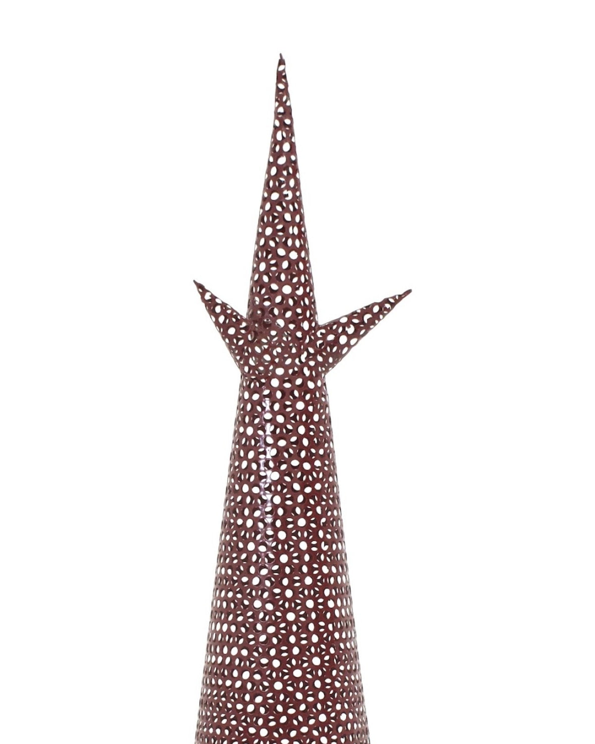 The Perf - perforated steel sculpture in oxblood red, spire crown